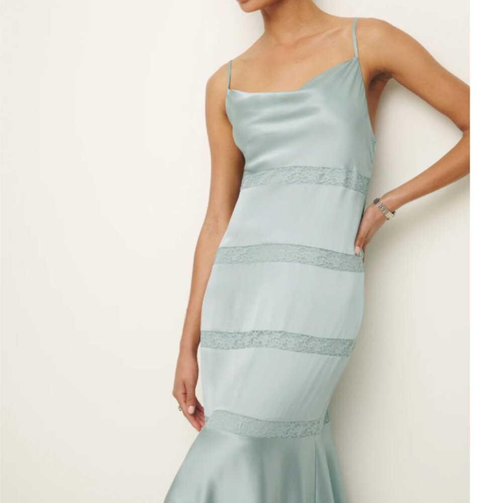 Reformation Riah Silk Dress with lace in Aquamarine- Size 0 NWT - Picture 4 of 4